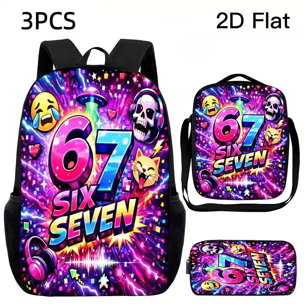Preppy Waterproof Synthetic Backpack Set, 3-Piece Large-Capacity School Bag with "67" Letter Print, Lunch Tote, and Pencil Case for Girls, Back-To-School, School Use