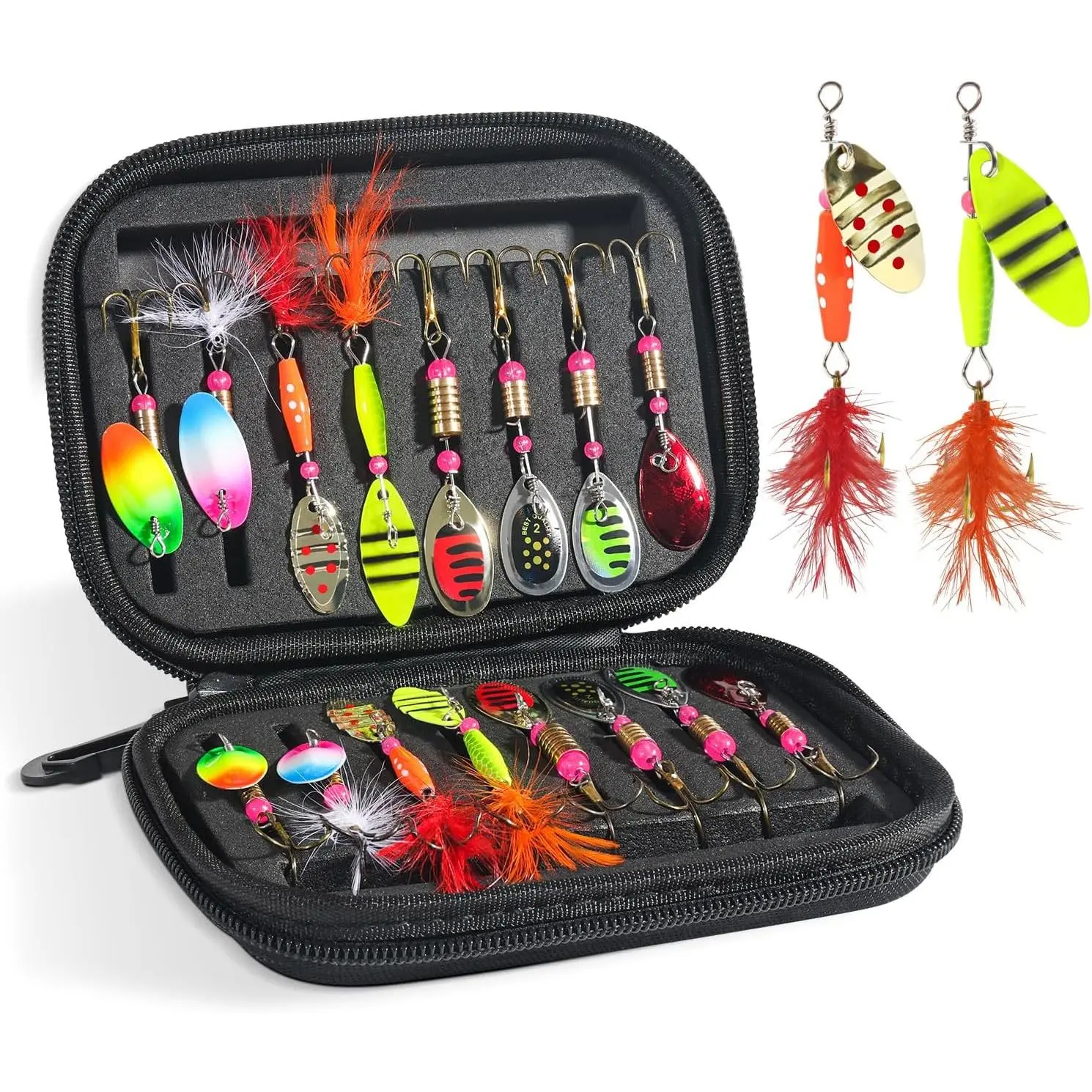 16 count Rooster Tail Fishing Lures, Spinner Baits Trout Lures Kit | Bass Salmon Lures w/ Treble Fishing Hooks, Fishing Gears Inline Spinnerbait Spoons Baits for Freshwater Saltwater