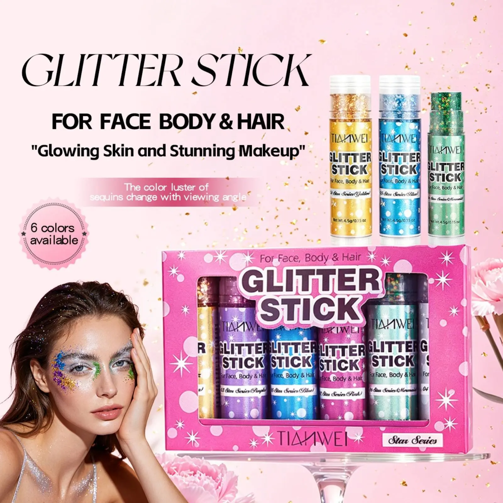 6 Colors Glitter Stick Set, Holographic Chunky Glitter Gel for Face Hair Body, Waterproof Long Lasting Sparkle Sequins Cosmetic Makeup, Festival Rave Carnival Cosplay Eye Shimmer Glitter Cream multi-use glitter makeup