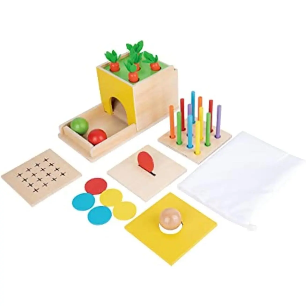 Montessori 5 in 1 Wooden Montessori Play Kit Baby Toys,Object Permanence Box,Matchstick Color Drop,Cotton Swab Drop Game,Carrot Harvest and Coin Box for Kid 1 Year Old,Gift for Baby 6-12 Monthfidget toys