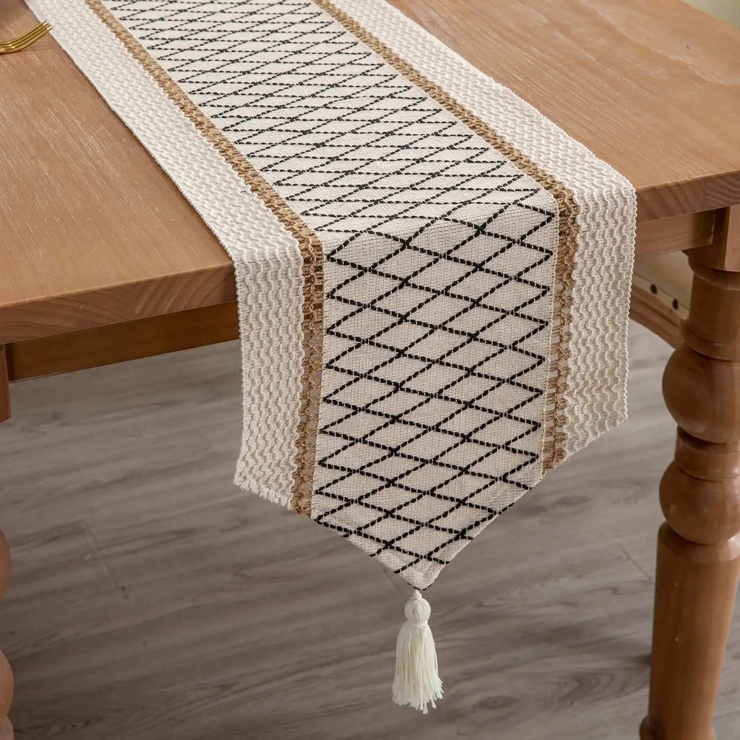 Table Runner, Boho Style with Tassels,  & Linen,   Decor for Living Room Dresser Scarfs (12x60Inch, Black & Beige)