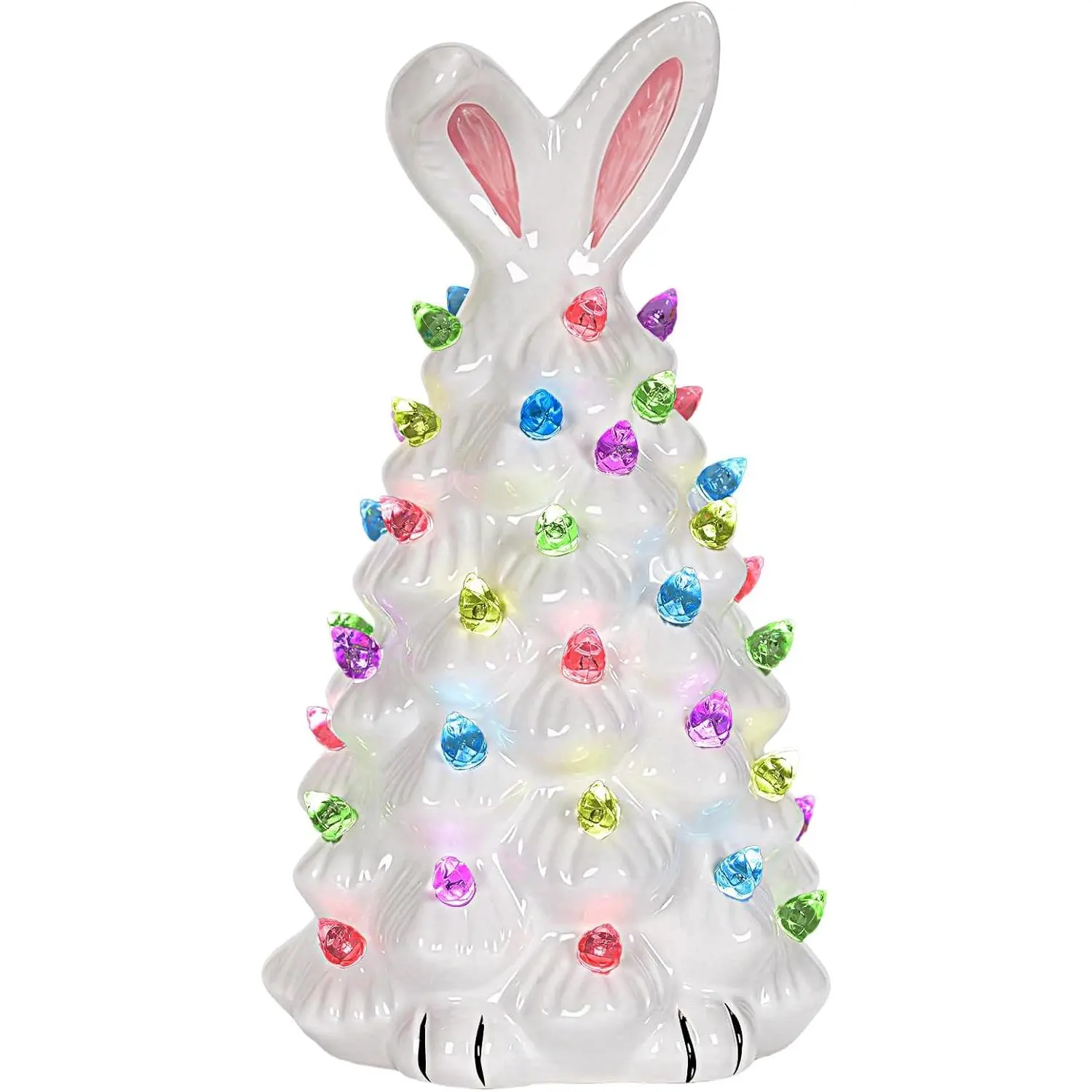 Cute Ceramic Light Up Easter Tree Bunny Decor Spring Tabletop Decorations for Indoor Bedroom Office Kid Gifts (White)