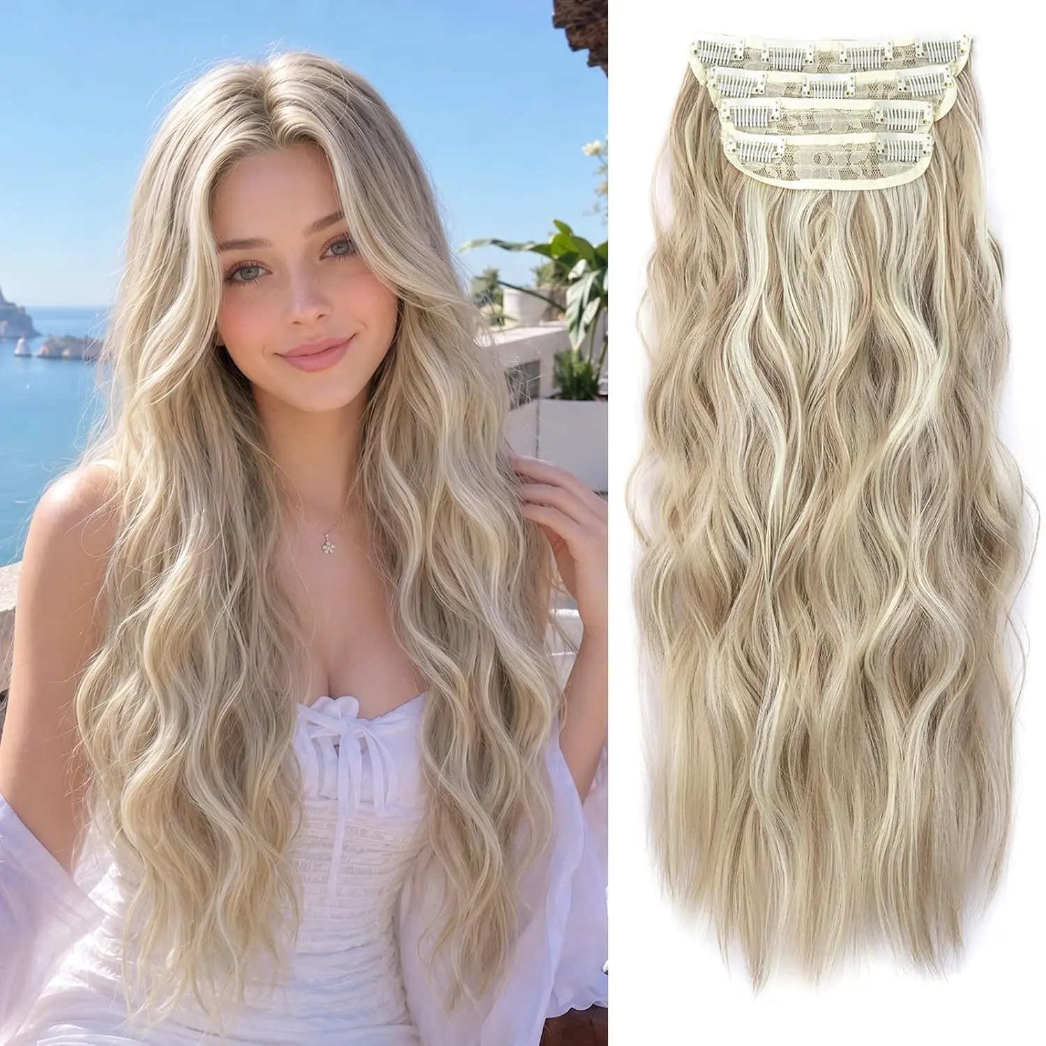 Women's Clip-in Synthetic Hair Extensions, 20-in Long Wavy Texture, 4PCS Thick Double Wefts, Dark Ash Blonde Mixed Bleach Blonde, Boho Casual No-Damage Hairpieces, Women's Fashion, Female, Clip Hair Extensions, Loose Wave, Bohemian, Zero Damage