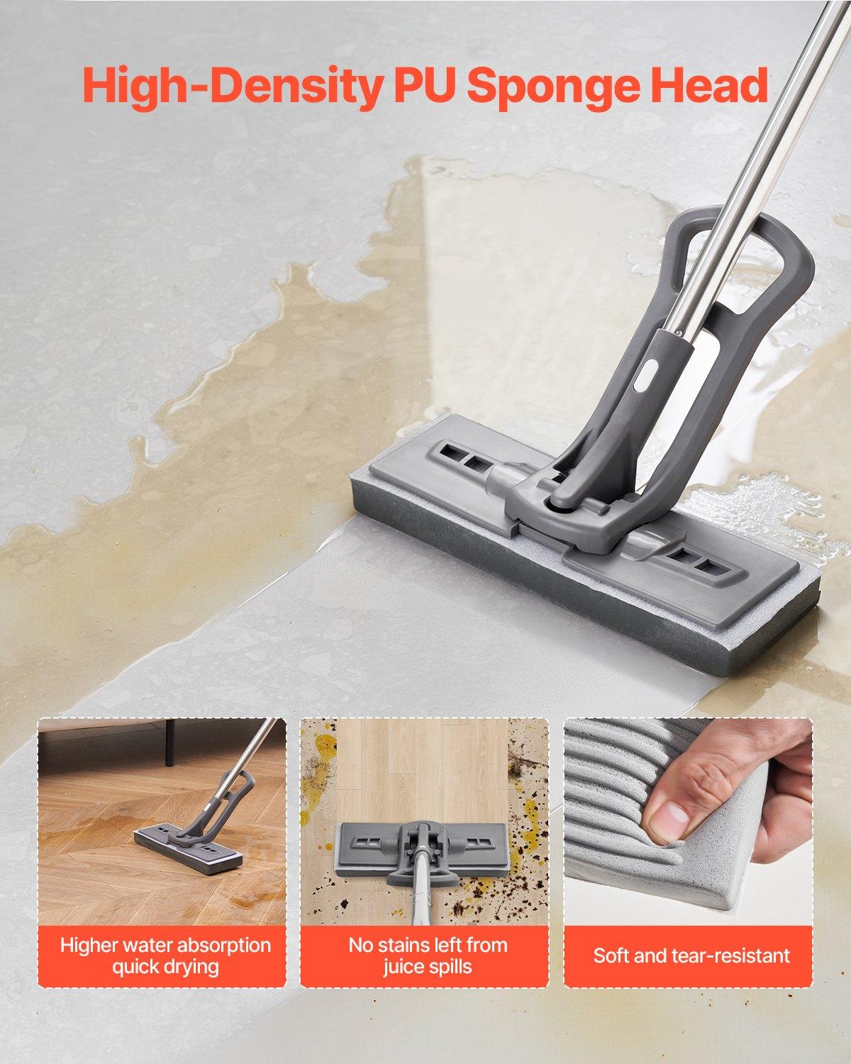 VEVOR Sponge Mop, High-Density PU Sponge Mop with 1 Pcs Sponge Mop Replacement , Easy to Squeeze Sponge Mop with Hook & Loop for Head Change, Fit for Various Floors’ Cleaning