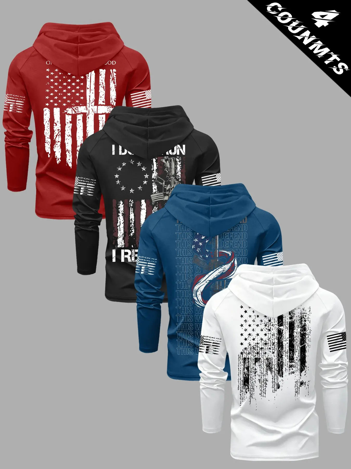 4 Counts Men's Casual Vintage Distressed USA Flag Patriotic Graphic Hooded Long Sleeve Baggy Pullover Sweatshirts, Graphic Hoodie Sweatshirt, Quick Dry+ Sun Protection Breathable Performance Fabric, Adjustable Drawstring Hood
