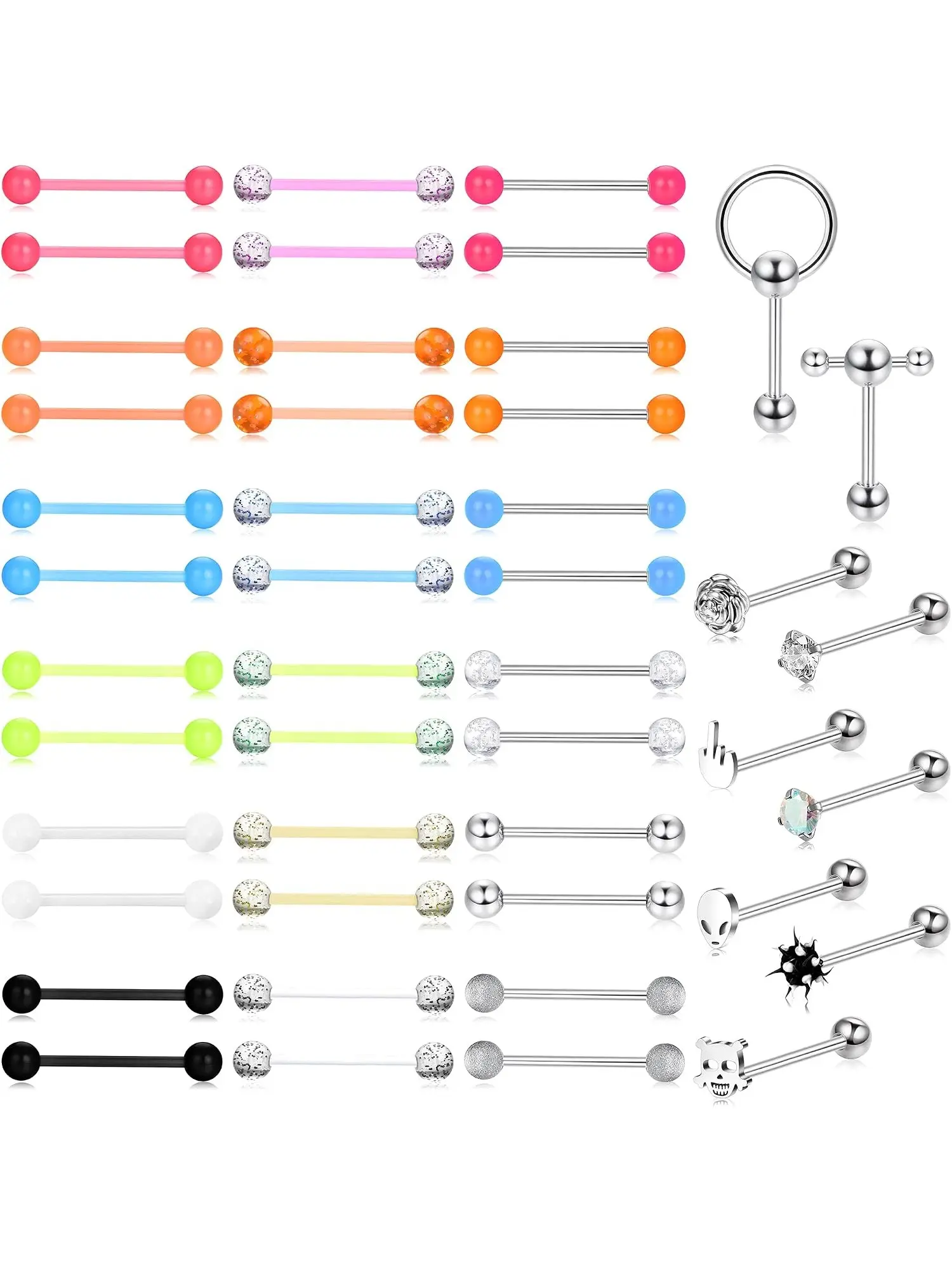 46Pcs Unisex 14G Hypoallergenic Surgical Steel & Flexible Glow In The Dark Acrylic Tongue Piercing Barbell Set, Multi Length 16mm & 18mm Tongue Rings, Comfort Retainer Body Jewelry For Daily Rave Festival Cosplay Costume Party