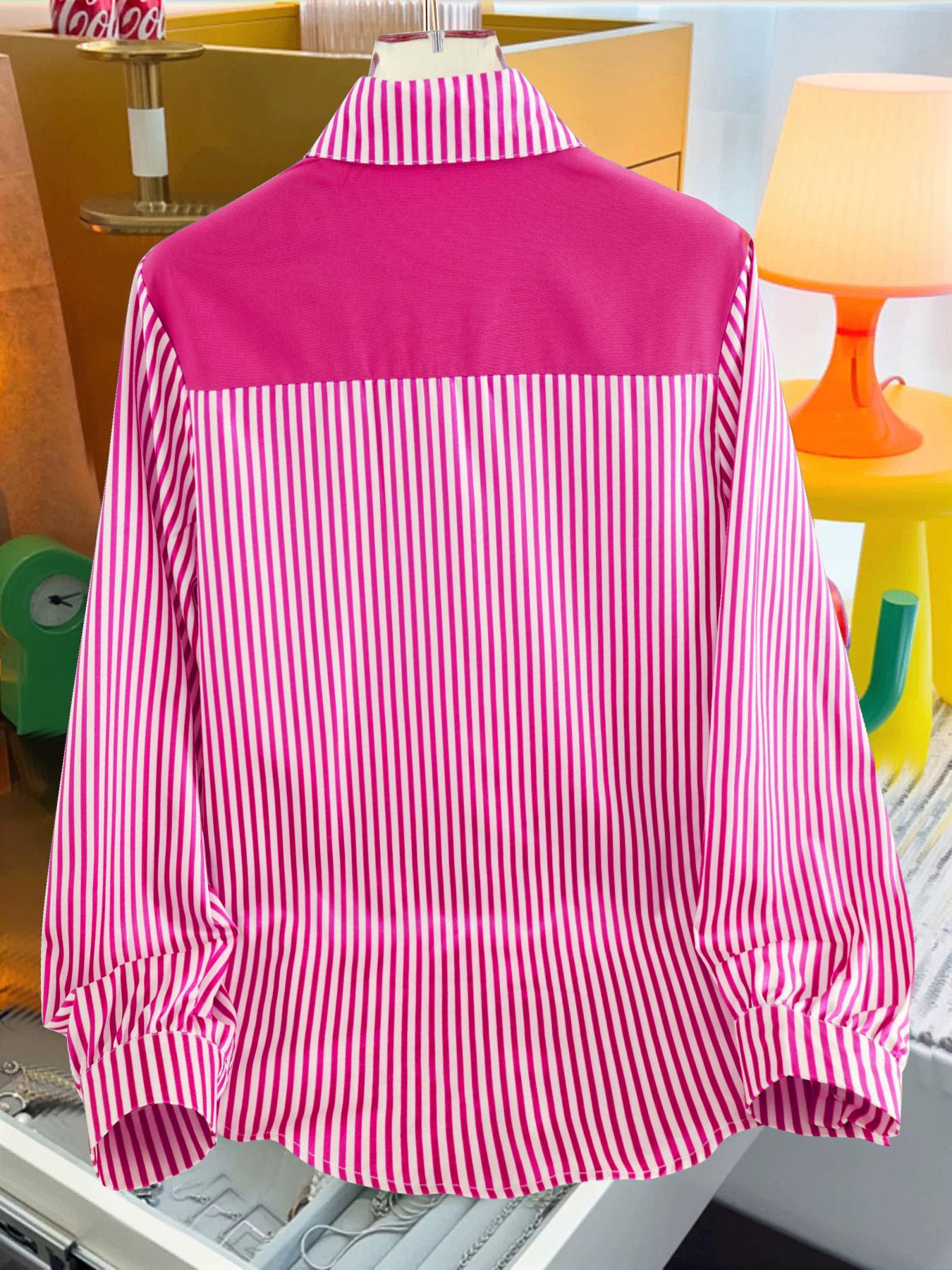 Women's Striped Print Tie Front Shirt Blouse, Casual Long Sleeve Collared Top for Spring & Fall, Women's Clothing for Daily Wear