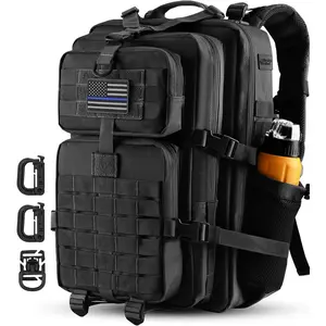 45L MOLLE Assault Backpack, Tactical Backpack Military Army Camping Rucksack with Bottle Holder, 3-Day Pack Trip w/USA Flag Patch, D-Rings, Black