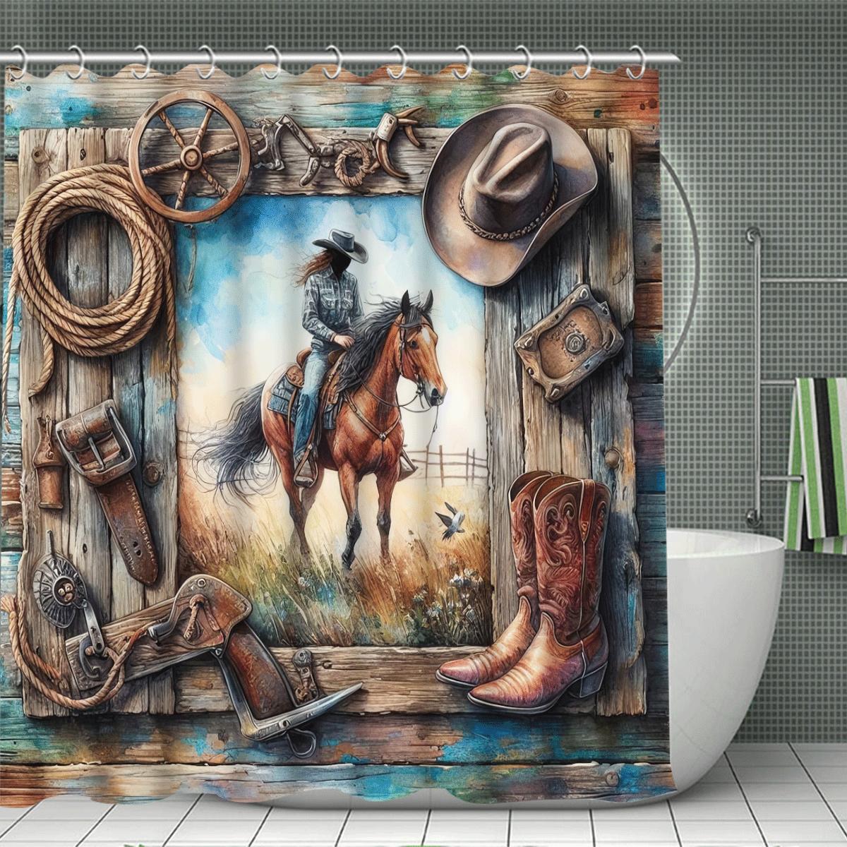 Cowboy & Horse Pattern Bathroom Decorations, 4 Counts/set Including Shower Curtain & Toilet Lid Cover & Mat & U-shaped Mat, Bathroom Accessories, Shower Curtain Sets
