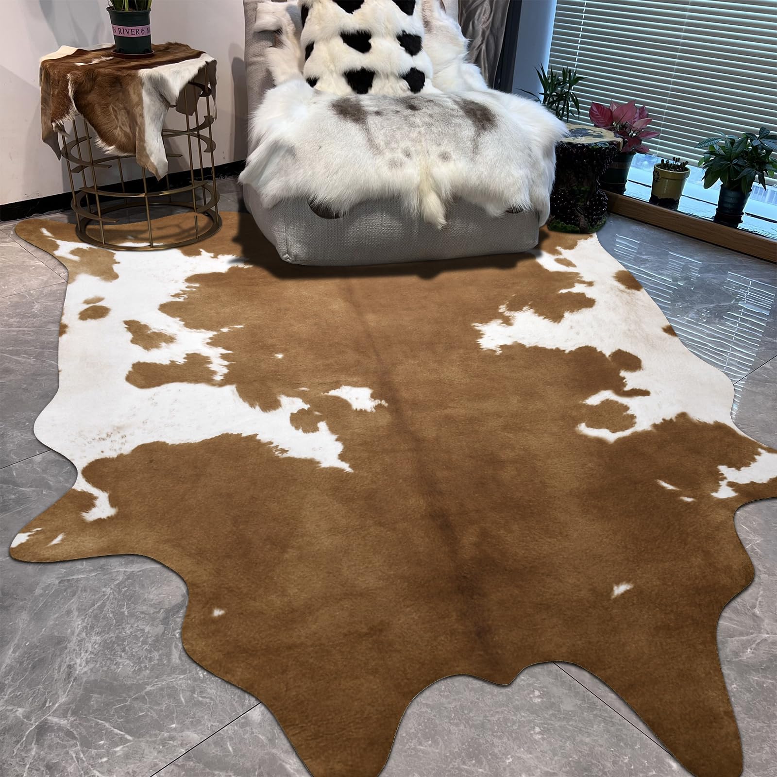 5.2x6.2 Feet Cow Hide  Area Rug for Living Room, Western Cowhide Large Faux Animal Skin Rugs, Non-Slip Cow Print Carpet for Bedroom Office Kitchen Fireplace, Blac,Grey,Khaki,Brown,Black/White,Yellow Brown,Dark Brown,4.6x5.2 ,5.2x6.2 Feet