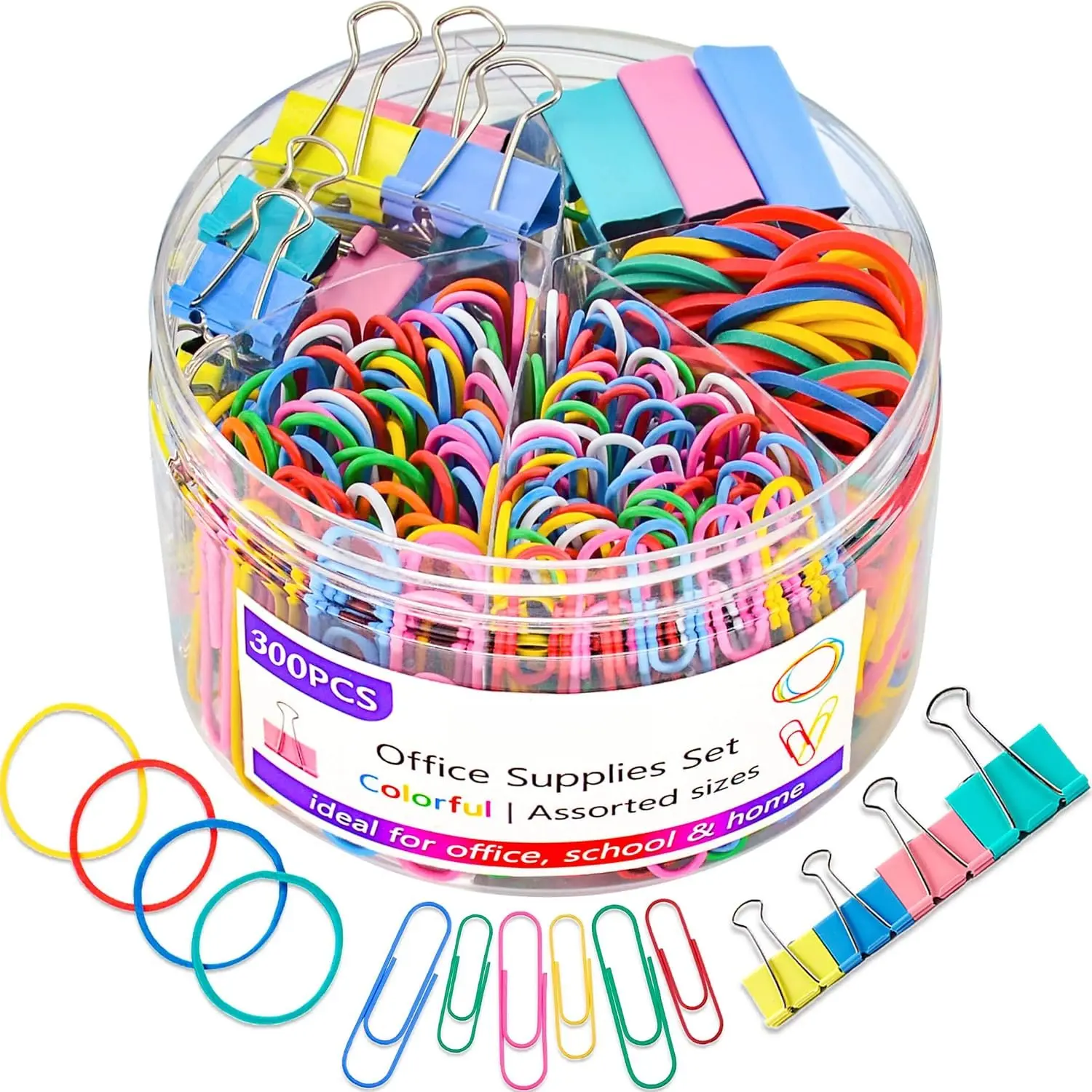 Paper Clips Binder Clips, Colored Office Clips Set -  to School Supplies-  Sizes Paperclips Paper Clamps Rubber Bands for Office and School Supplies, Document Organizing