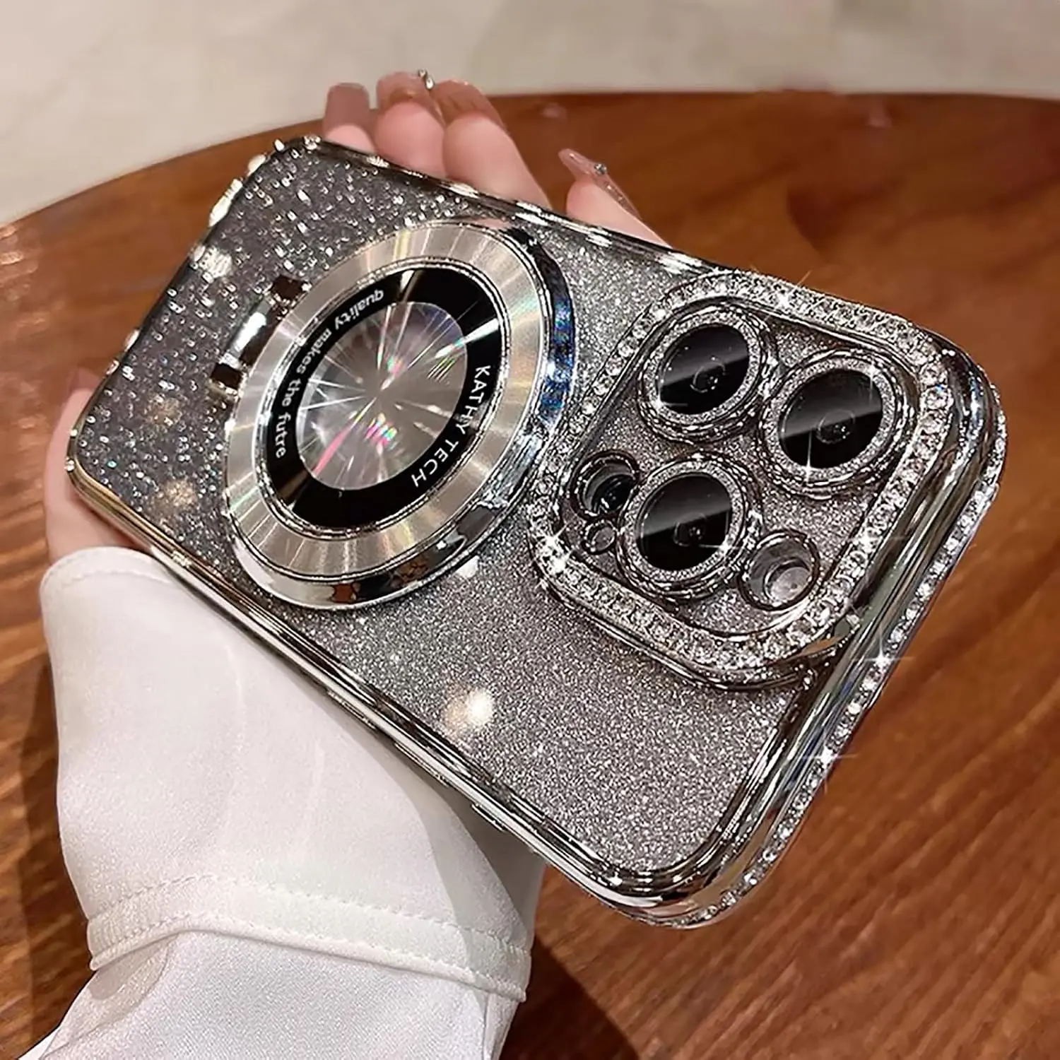 Women's Luxury Glitter Rhinestone Phone Case with Magnetic Stand, MagSafe-Compatible, Full-Coverage Lens & Shockproof Protection for iPhone 17, 16, 15, 14 (Silver)