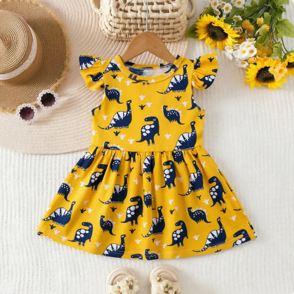 Girl's Polyester Dinosaur Print Midi Dress - Flying Sleeves, Round Neck, Blouson Design, Cute Look for Party, Vacation, Outdoor Fun