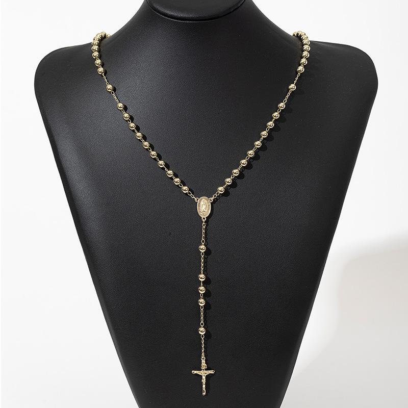 Golden Virgin Mary Cross Clavicle Chain Rosary Necklace Long Necklace