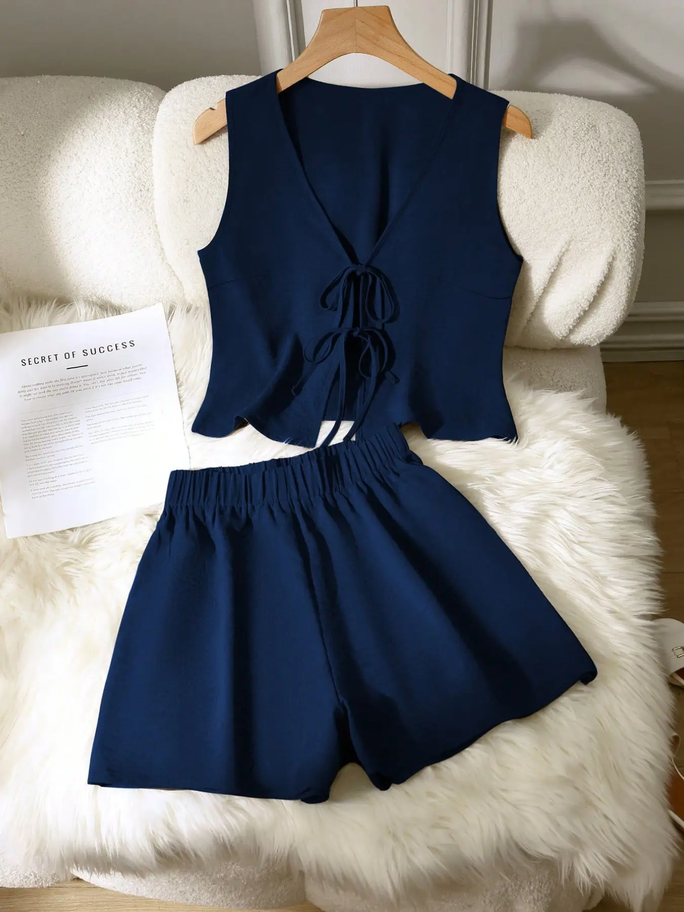 Women's V Neck Tie Front Sleeveless Crop Top & Elastic High Waist Wide Leg Shorts 2 Piece Matching Outfit Set, Clothes, Navy Blue Casual Co-ord, Minimalist Loungewear for Daily Wear, Brunch, Beach, Vacation, Summer