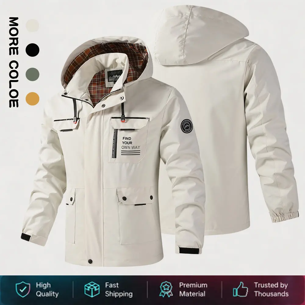 Men’s Waterproof Windbreaker Jacket for Autumn/Winter, Detachable Hood, Outdoor Hardshell, Windproof, Multiple Pockets, Casual Workwear Jacket