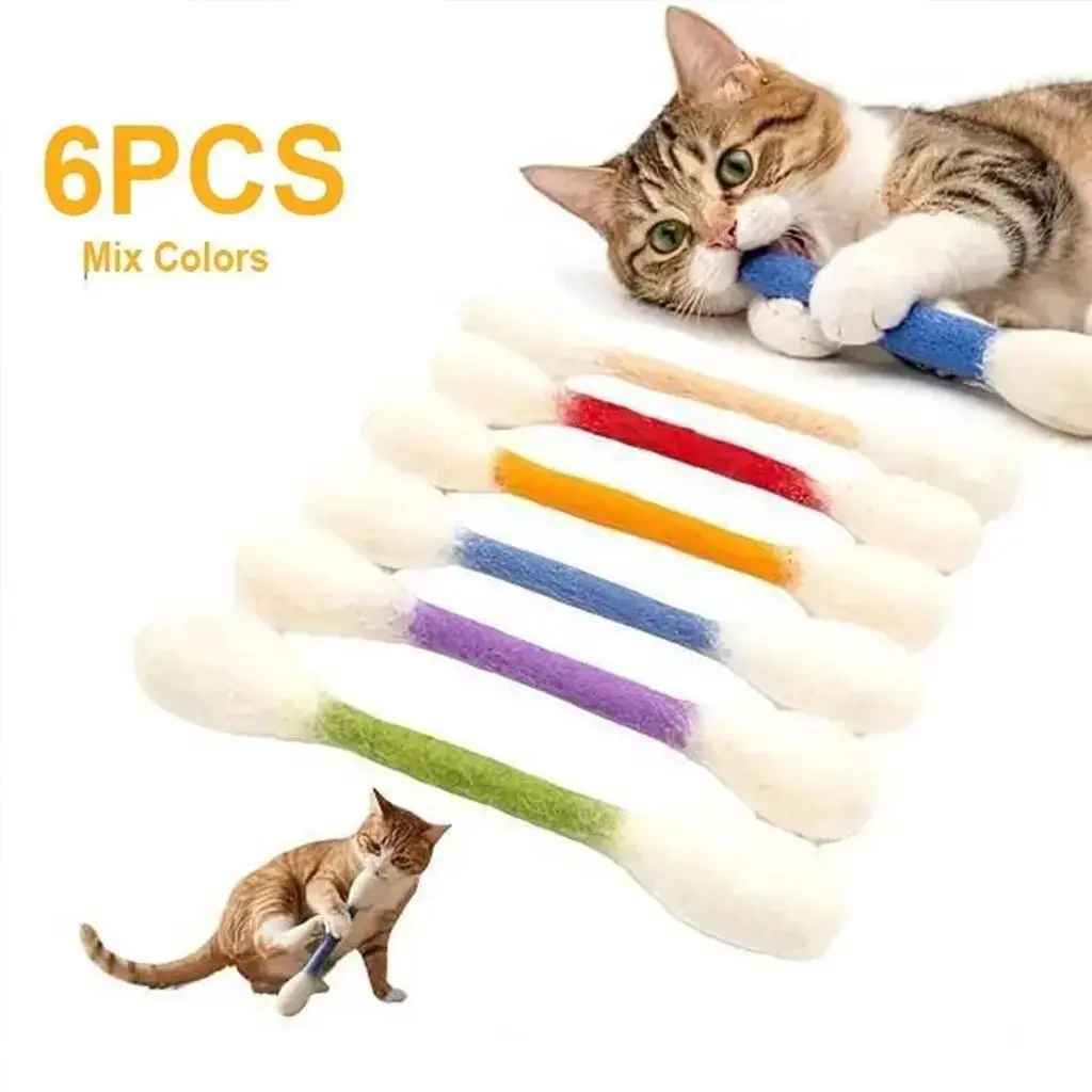 【Summervibes】6 Pack Giant Q-tip Shaped Cat Toys, Soft Felt Cotton Swab Teething Sticks, Durable Interactive Indoor Kitten Chew Toys, Anxiety Relief Boredom Relief Pet Accessories, Dental Cleaning Play Gifts for Daily Cat Entertainment