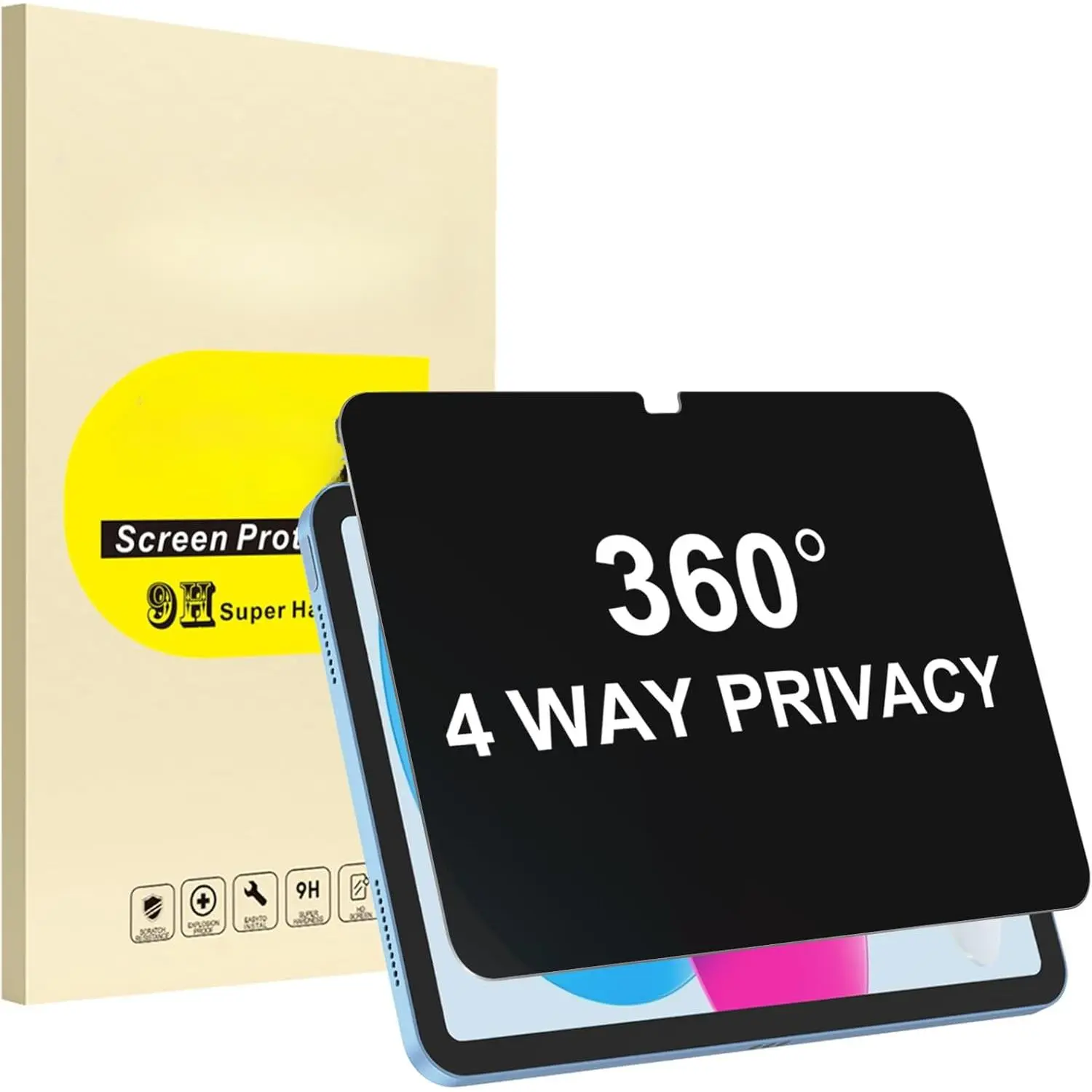 360 °   4 Way Privacy Screen Protector for iPad A16 11th/ 10th Gen |   (11/10.9 Inch 2025/2022 Release), 360 Degree Anti-Spy Tempered Glass Film, Case Friendly, Apple Pencil Support