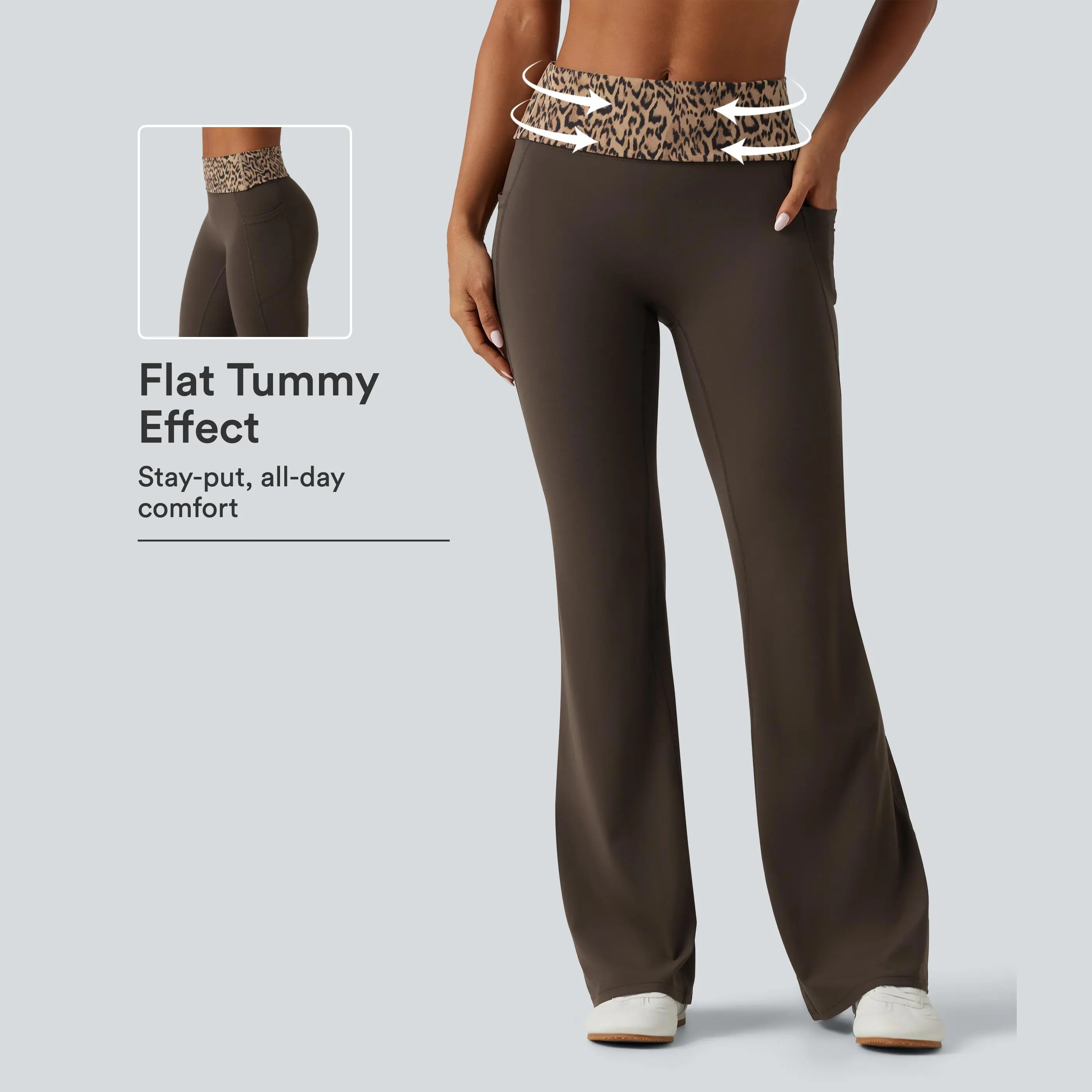 Halara UltraSculpt™ Mid Rise Foldover Tummy Control Leopard Print Flare Yoga Leggings with Pockets