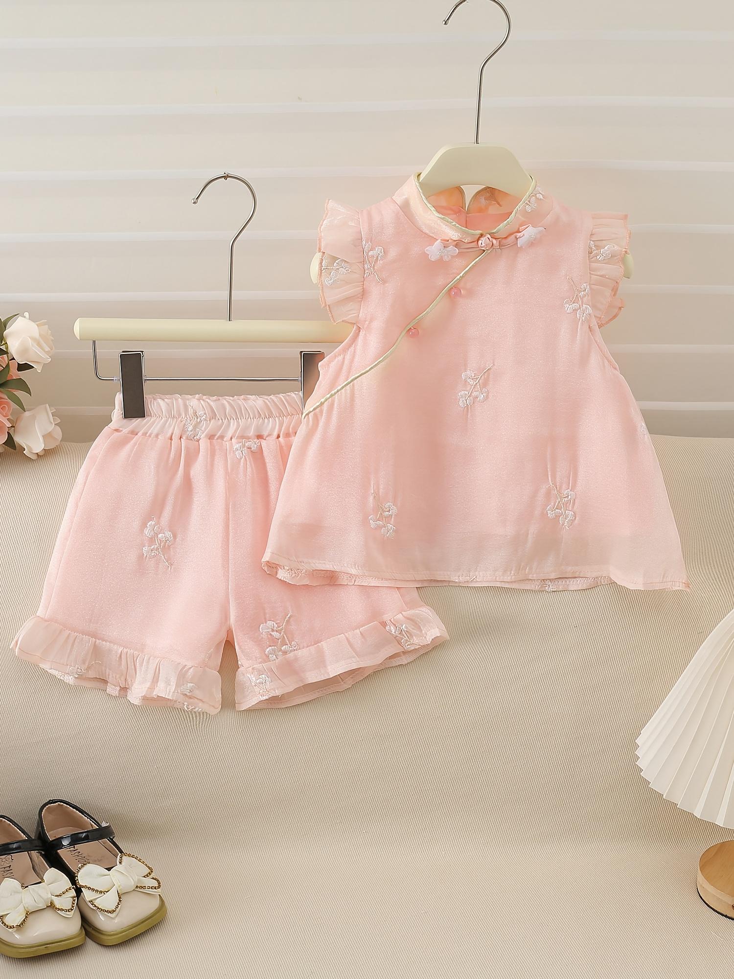 NewNew Style Children's Girls' Embroidered 2pcs Set, New Chinese Style "Mu Yun Sha" Princess Outfit, Three-Dimensional Flower Sleeveless Top + Elastic Waist Shorts, Super Sweet and Cute Pink Vacation Set, Lightweight and Comfortable, Perfect for Outdoor
