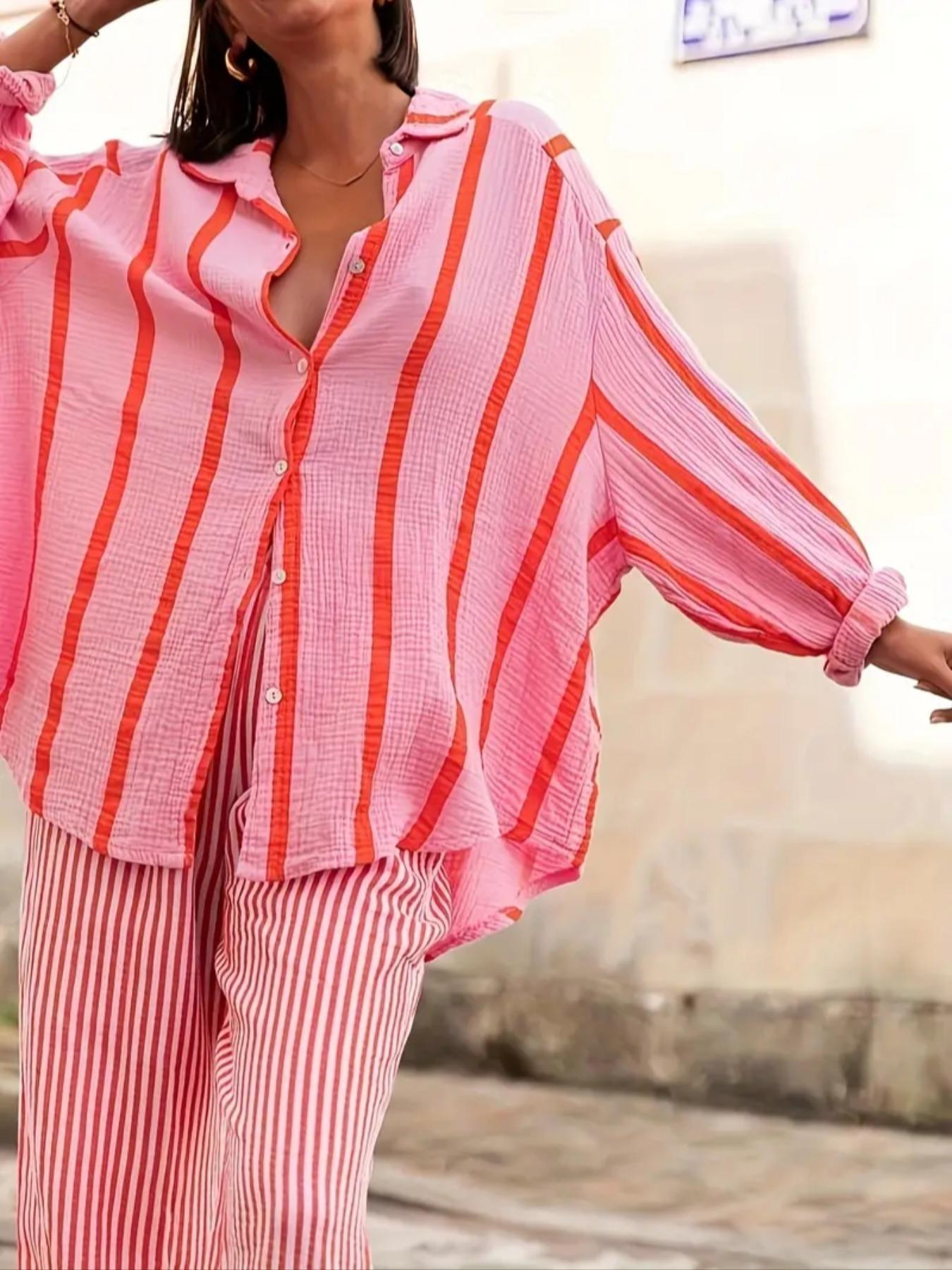 Women's Striped Print Long Sleeve Shirt Blouse, Elegant Casual Fit Button Front Top for Daily Wear, Ladies Clothes for All Seasons