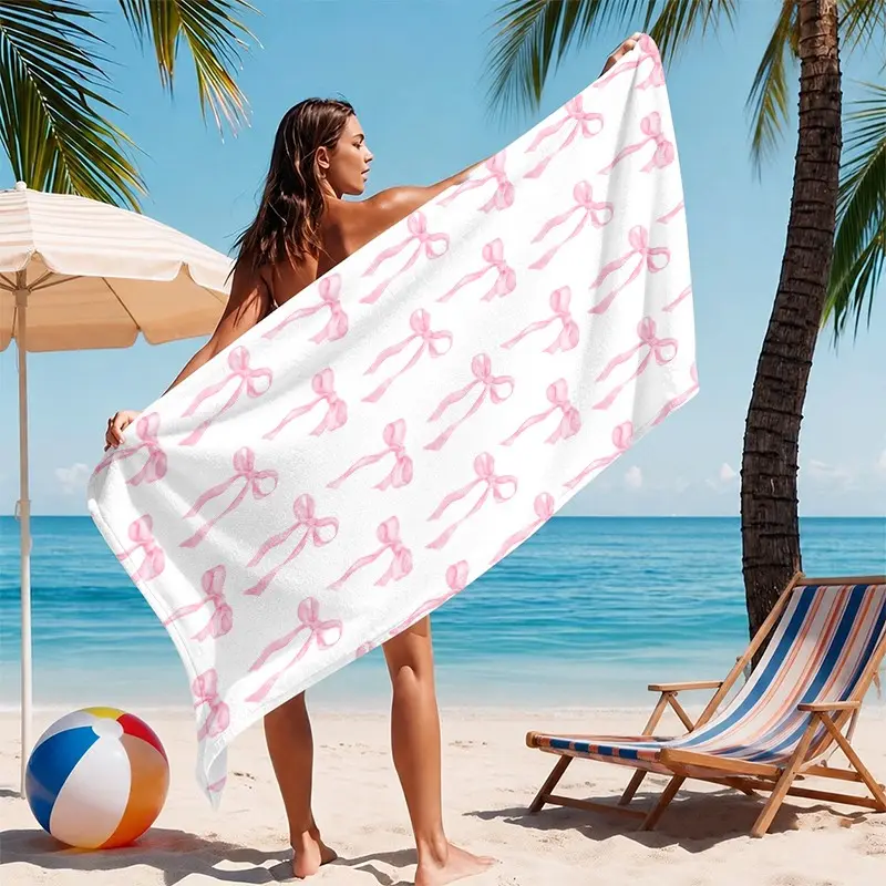 1pc Pink Bow Beach Towel, Minimalist Feminine Pattern Design, Soft Absorbent Quick Dry Lightweight Towel with Stylish Summer Accessory Vibes, Perfect for Beach, Pool and Travel Days, Gift for Women and Girls