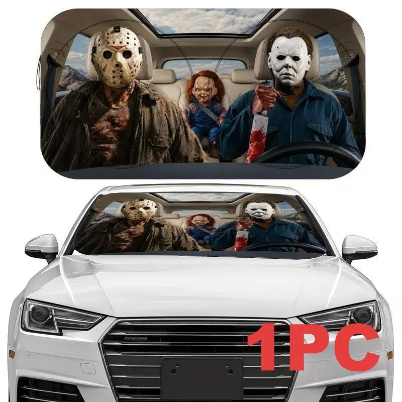 Halloween Horror Festive Themed Car Sunshade, Foldable UV Heat Block, Universal Fit for Cars Suv Trucks, Halloween Car Interior Accessory Gift