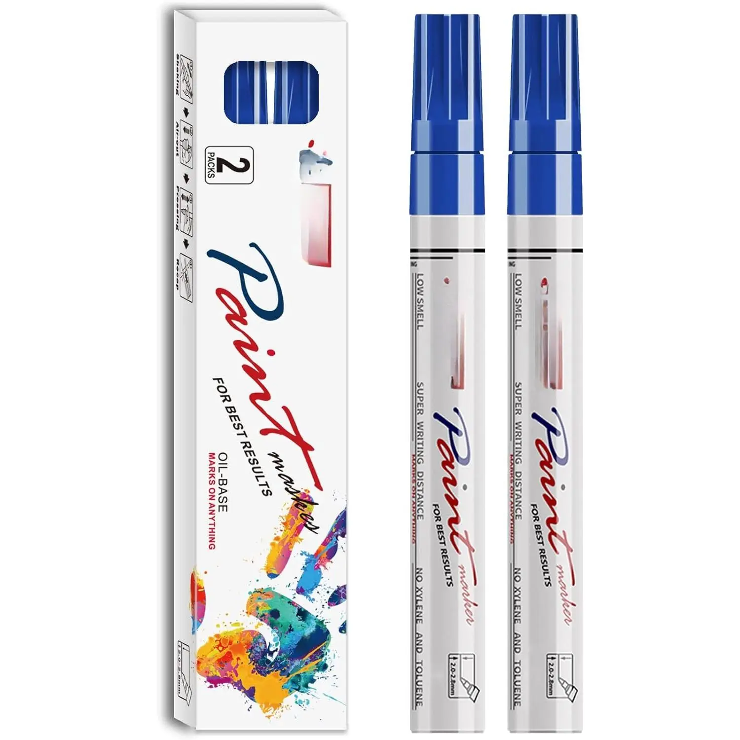 Blue Permanent Markers  Pens, 2 Pack Oil Based  Markers | , Quick Dry, Never Fade, Medium Tip Marker Pens for Rock Painting, , Metal, Plastic, Canvas, Glass, Rubber