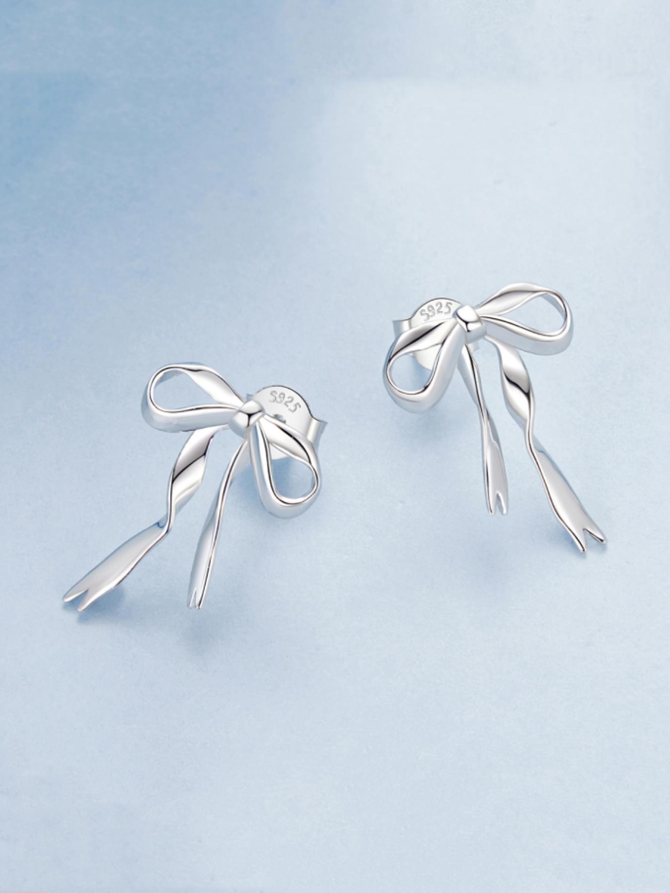 925 Sterling Silver Cute Bowknot Design Earrings, Stud Earring Jewelry, High Quality Earrings, Fashionable Earrings for Women & Girls, Trendy All-match & Exquisite Jewelry for Birthday Gift
