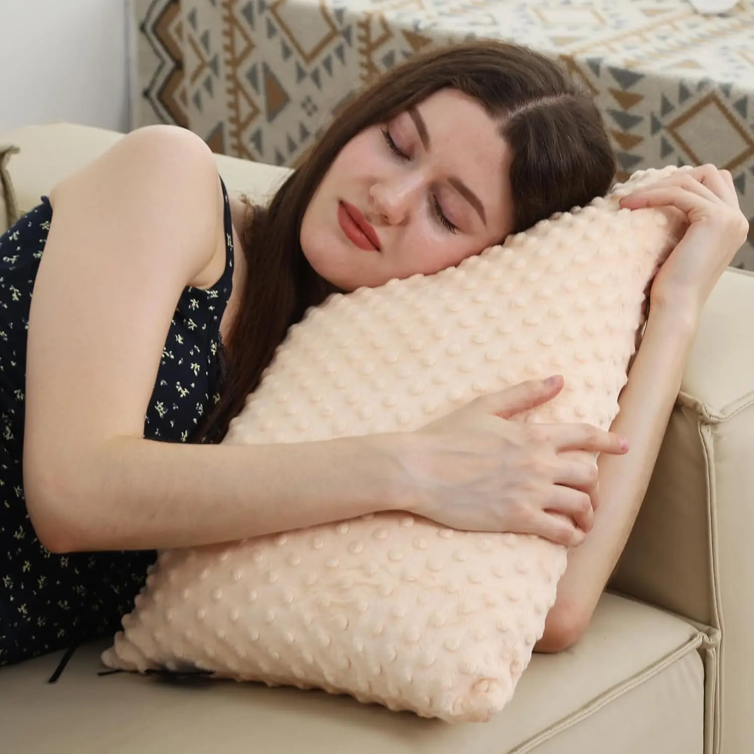 Beige Weighted Lap Pillow - 6.6lbs, 20x12in Tactile Sensory Huggable Pillow with Machine-Washable Cover, Chemical-Free Fabric for Better Couch Sleep