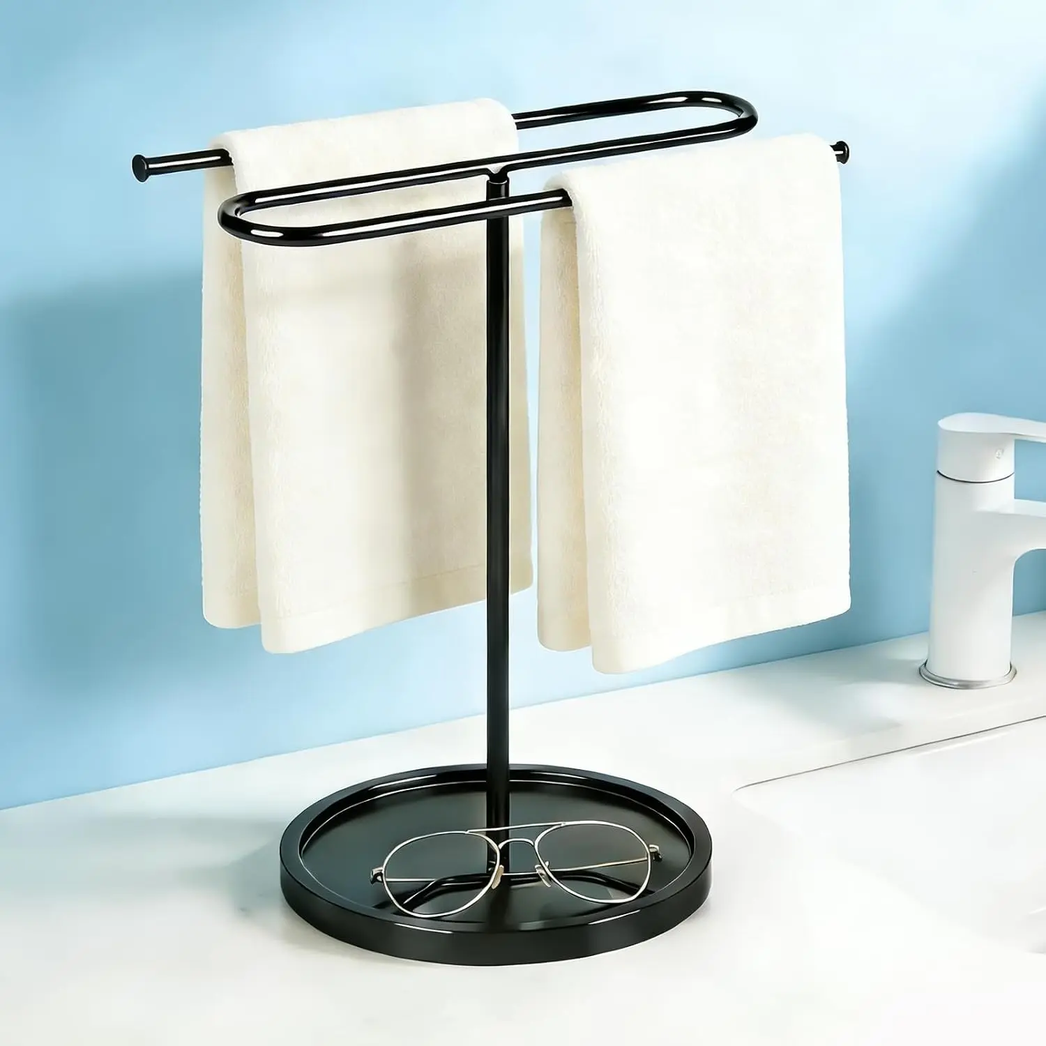 Free Standing Towel Rack for Bathroom Countertop - Upgraded S-Shaped Hand Towel Holder Stand, 14" Tall Rustproof Pedestal Towel Hanger for , Kitchen & RV, Heavy Duty Non-Slip Base, Black