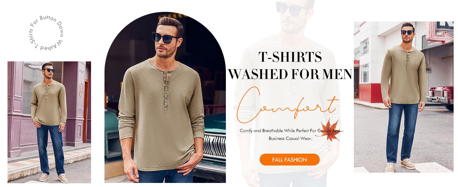 Beotyshow Mens Distressed Henley Shirts Retro Long Sleeve Tee Shirts Casual Button Down Washed T-Shirts for Men Cotton Menswear Father's Day Gift Shirt