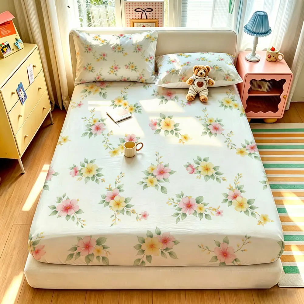 A 3-piece set of bedding with fresh floral patterns, including a bedspread and two pillowcases. The set is coreless, featuring a soft and comfortable bedspread with a deep pocket design, making it an ideal gift choice.