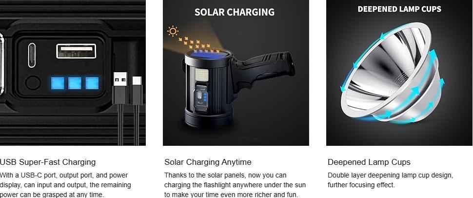 Brightest Rechargeable Spotlight with Solar Panels & 6 Modes, Rechargeable Spotlight Flashlight Outdoor, Powerful LED Spotlights Long Runtime, Large Handheld Spot Light for Boating Hunting