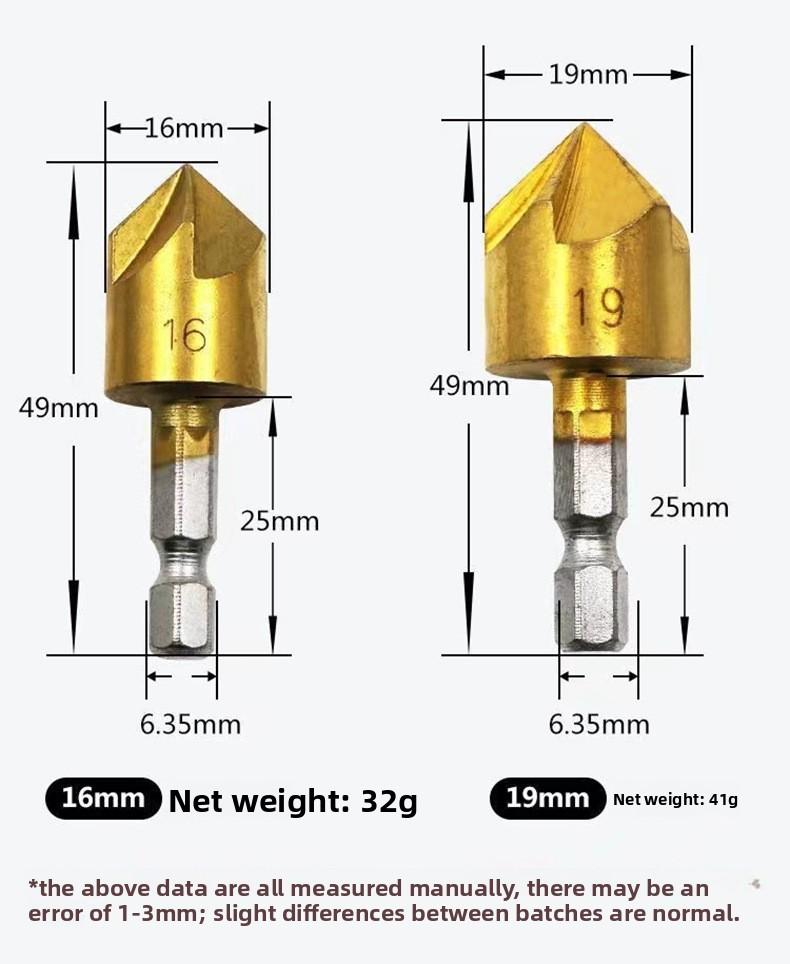 Six-piece woodworking chamfering tool set, five-blade chamfering knife, wood countersink drill, deburring tool, woodworking hole opener set