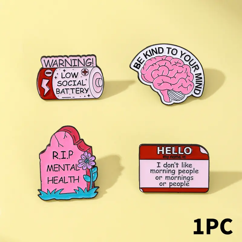 Low social energy brain tombstone metal badge, mental health-themed creative brooch decoration item