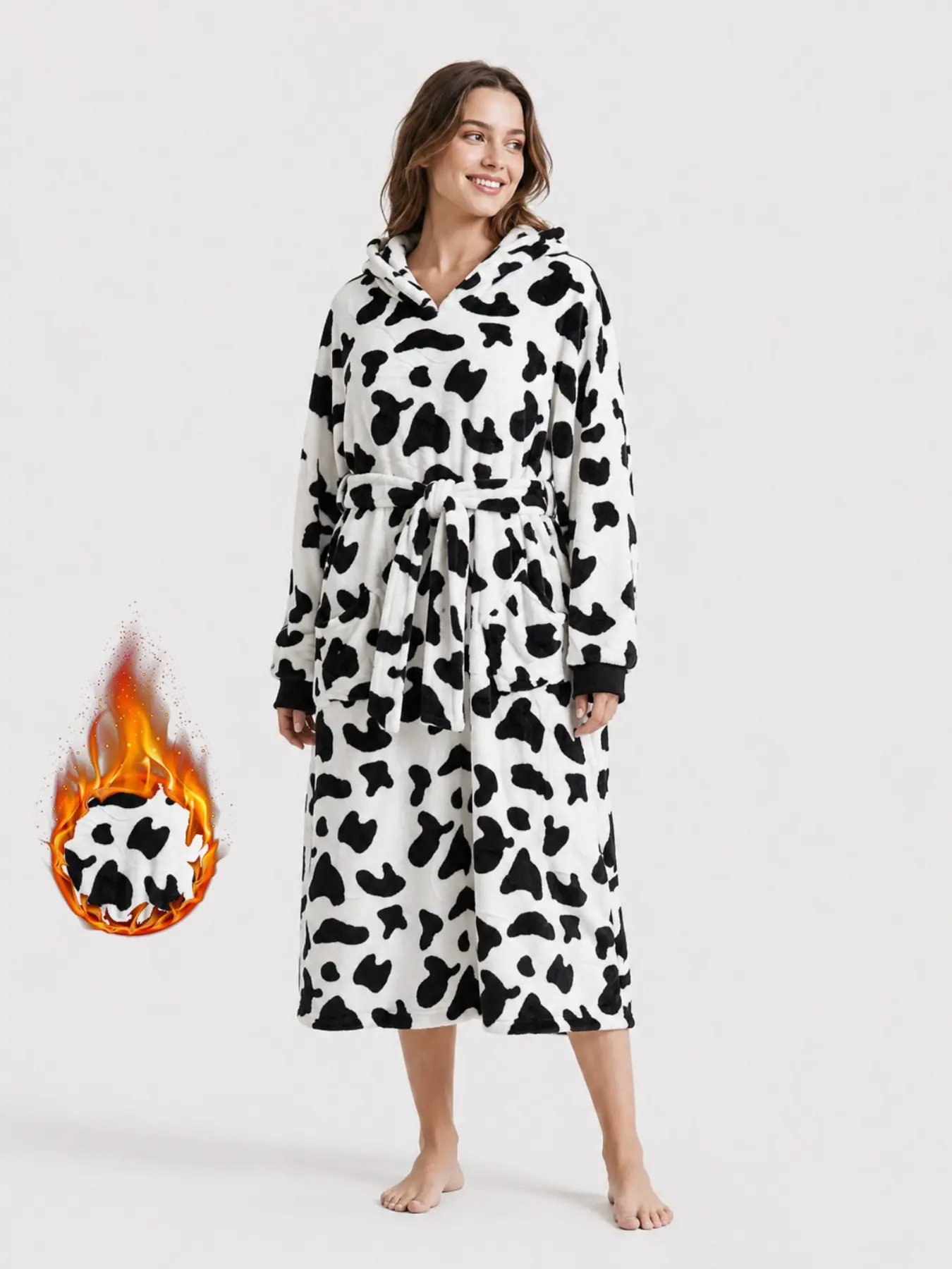 Women's Fall Winter Cute Cow Cartoon Hooded Long Robe, Spotted Tie-Strap Dual Pocket Over-Knee Fuzzy Bathrobe, Cozy Home Wear