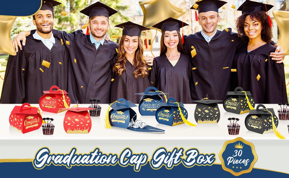 30 Pcs Graduation Cap Gift Box Graduation Party Favors Candy Boxes Treat Box with Tassel Table Centerpieces Class of 2026 Grad Decorations(Black, Gold)