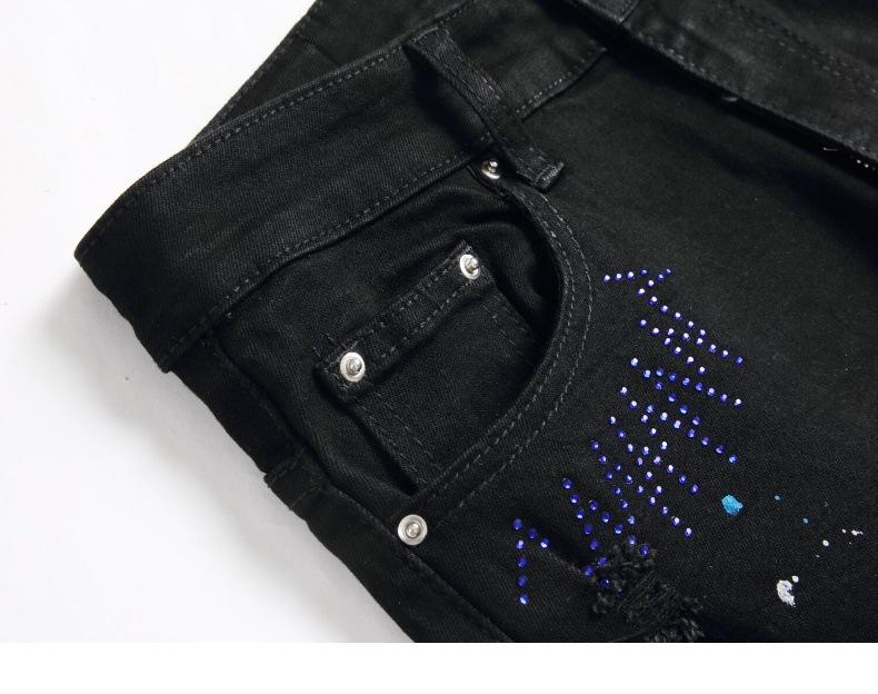 European and American High Street Black Cross Badge Rhinestone Distressed Jeans Men's Slim Fit Casual Long Pants Trendy Brand Streetwear Menswear
