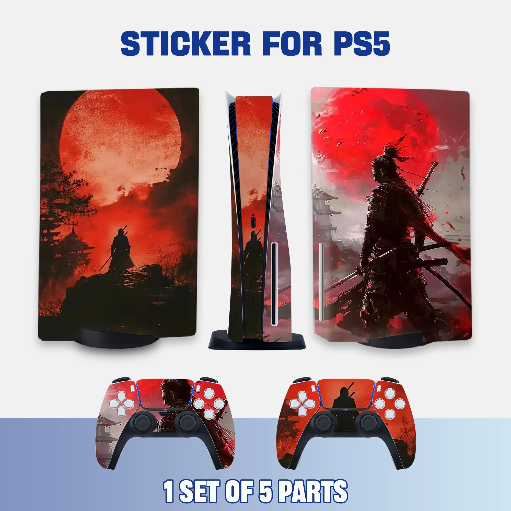 Red Moon Silhouette Warrior Style PS5 Disc Edition Vinyl Skin Sticker for Console & Controllers, Waterproof, Scratch-Resistant, Dustproof, Removable & No Residue