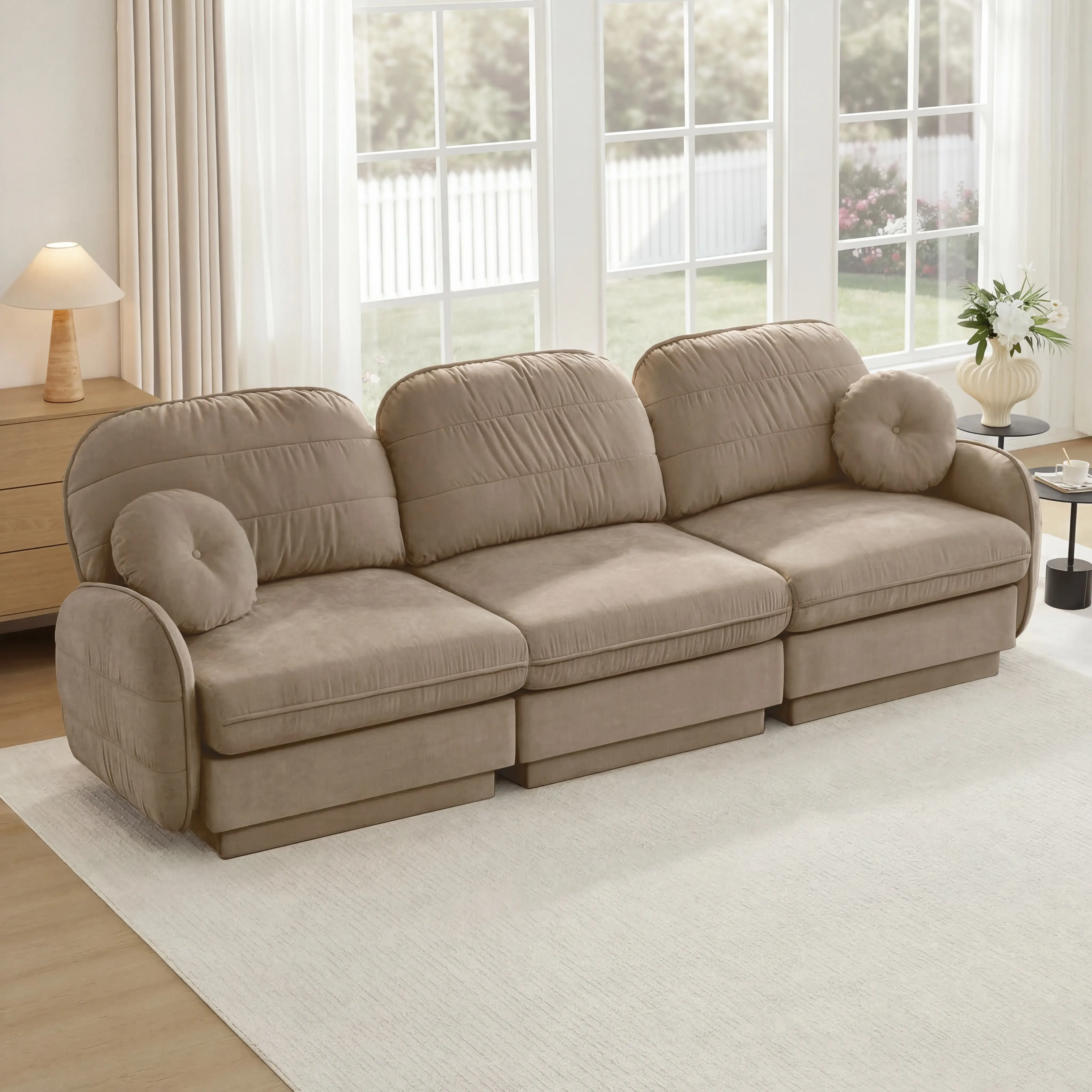 ARCH 105" Chenille Cloud 3-Seater Deep Seat Couch for Living Room, Light Coffee, Round Pillows, Quilted Back Cushions, Recessed Base Frame Legs, Ergonomic Design, Easy Assembly, Comfy Chenille Material