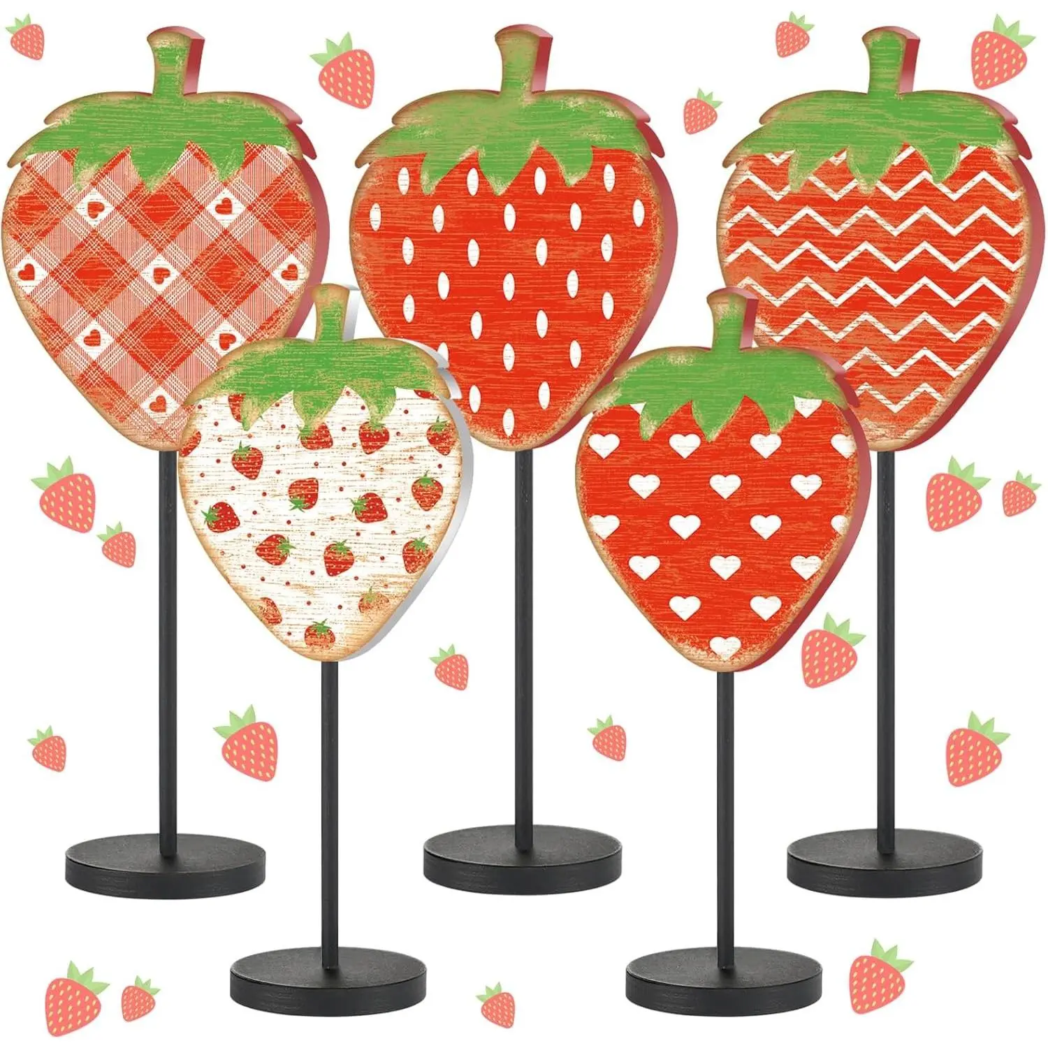 5 Pcs Summer Strawberry Table Decorations Strawberry Centerpiece Sweet Wooden Standing Block for Home Tiered Tray Office Shelf Decorations