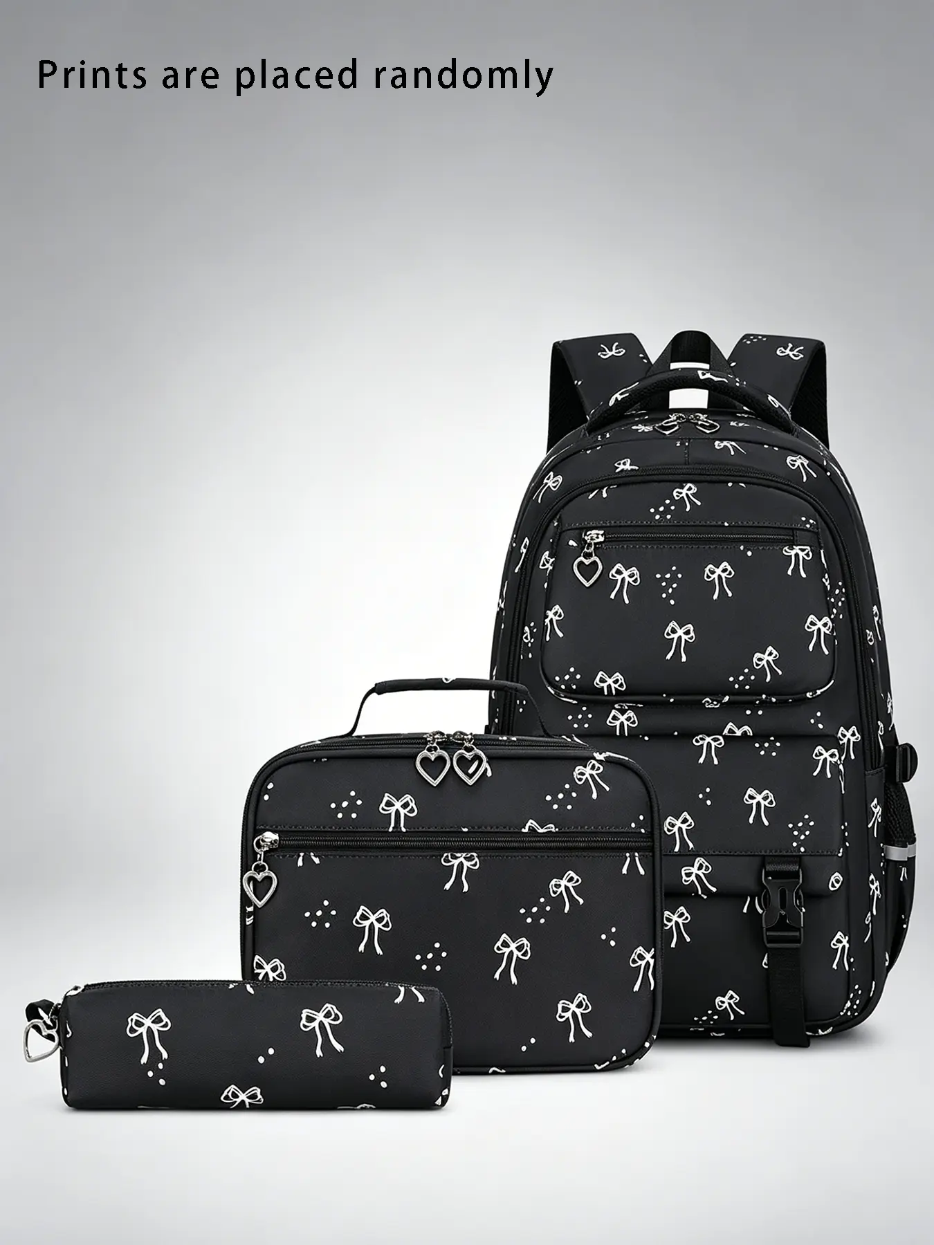 3pcs Oversized Cute Bow Pattern Backpack Combo Set, Classic Black Tone Bow Printed School Bag with Breathable Padded Shoulder Straps, Coordinating Lunch Tote and Stationery Pouch for Daily School and Weekend Outings