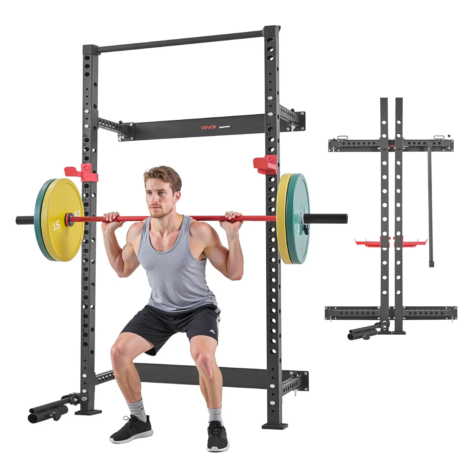 Carbon Steel Foldable Wall-Mounted Power Cage - 1000lbs Load Solid Frame Squat Rack with Landmine Holder, Adjustable J-Hooks, Pull-Up Bar, Adjustable Height Settings for Home Gym Core Stability, Reduced Wobbling, Body Strengthening