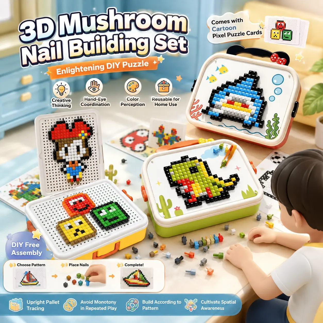 Kids 3D Mushroom Nail Pegboard Puzzle with Portable Storage Box, Reusable Anti-Spill No Mess Mosaic Blocks, Educational Toy with Pattern Cards for Hand-Eye Coordination Training, Quiet Screen-Free Birthday Gift for Kids