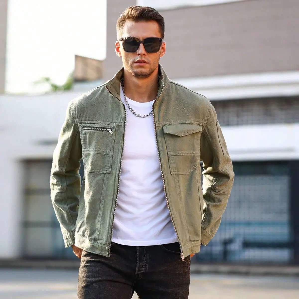 Men's Military Utility Jacket,Washed Army Green Zip-Up Stand Collar Canvas Coat,Tactical Workwear Trucker Outerwear with Pockets,Fall Casual Streetwear Tops