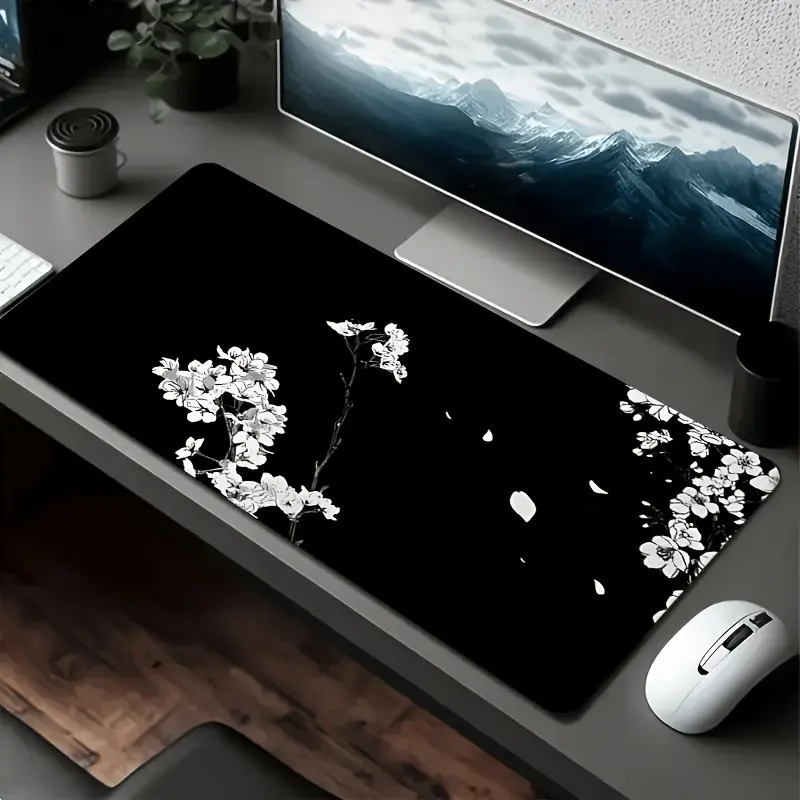 1-piece Japanese-style large cherry blossom mouse pad suitable for PC/laptop - Simple desktop design, rubber base, cushioning layer and smooth fabric surface, suitable for gaming, office work, and programming - Black and white cherry blossom pattern
