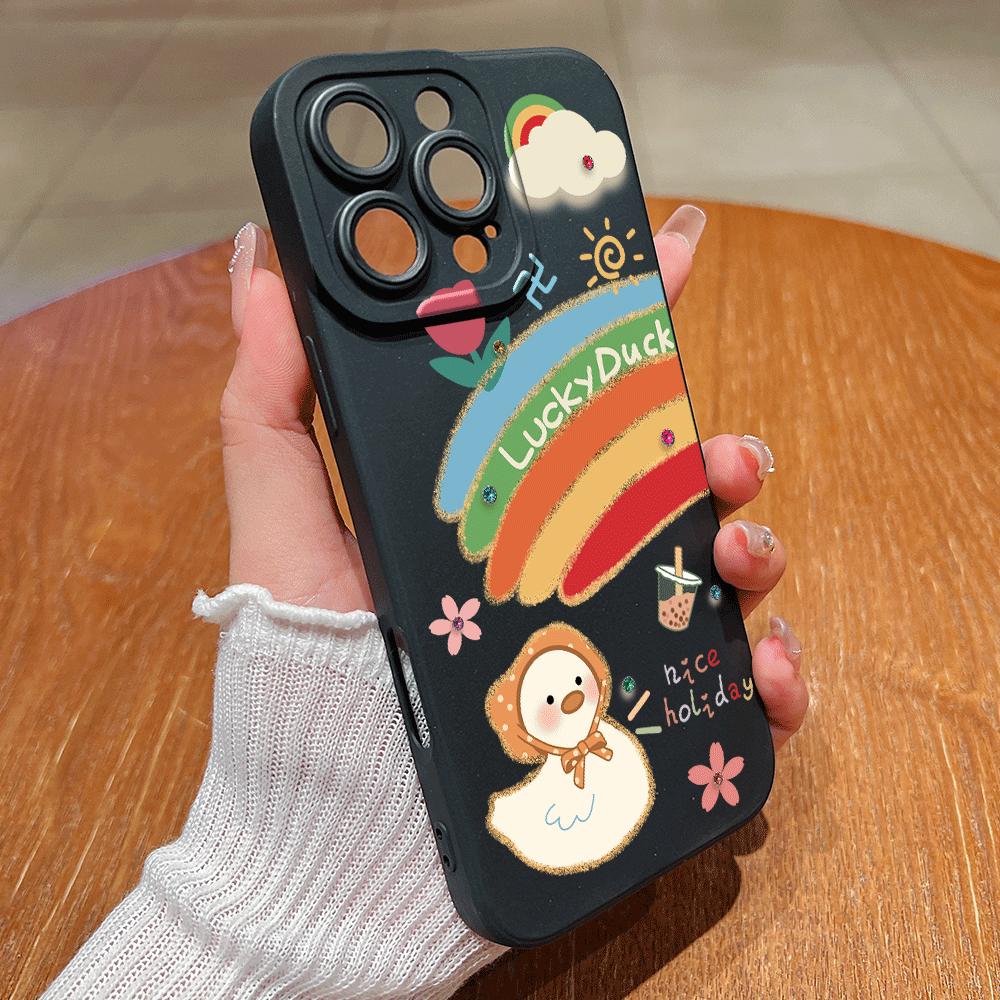 1pc black matte phone case with eye-catching design, featuring lucky duck, rainbow flowers, sun, clouds, and pearl milk tea motifs, suitable for IPhone17/IPhone17Pro/IPhone17Air/IPhone17ProMax