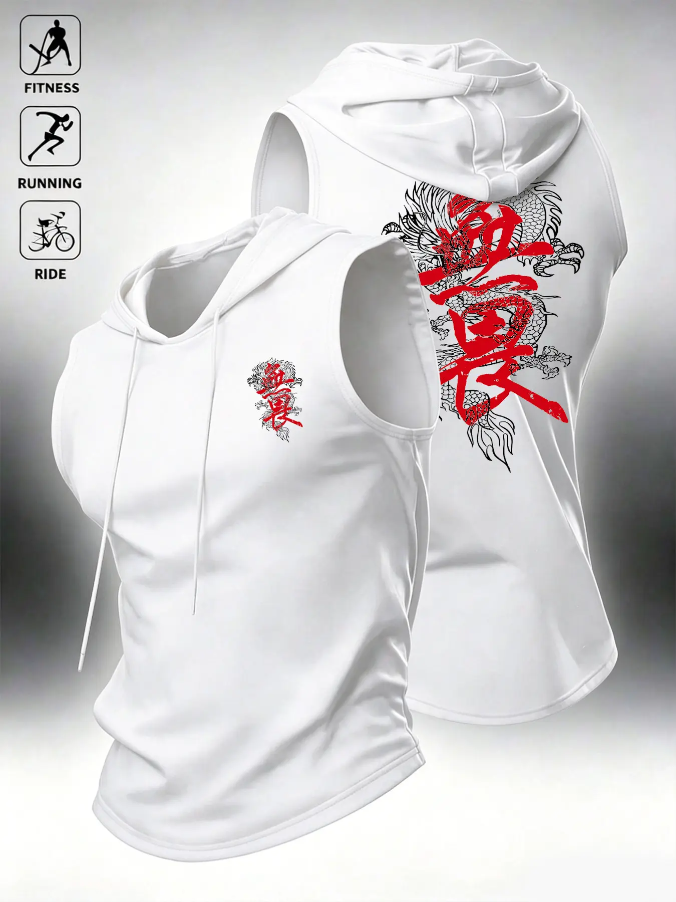 Men's Dragon Print Hooded Tank Top, Sleeveless Sporty Fitness Vest, Breathable and Slim Fit, Ideal for Weightlifting and Exercise, Active Top