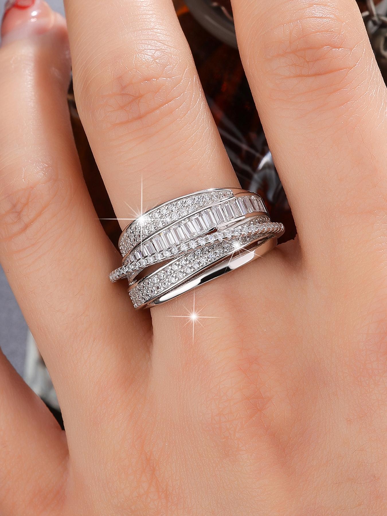 Multi-Layer Artificial Zircon Ring, Stackable Rings, Twisted Design, Unique High-End Style, Low-Key Luxury, Perfect for Dates, Sliver Color
